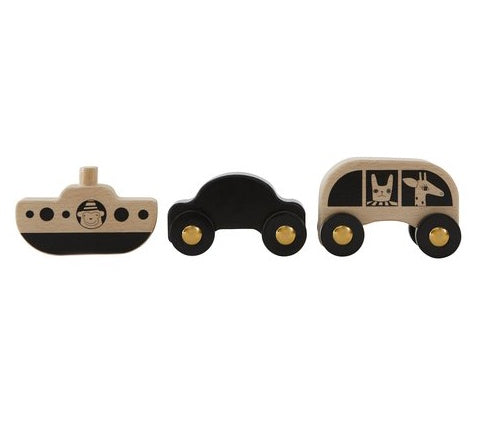 Deer Industries Wooden Toy. OYOY No rush wooden cars and boat. Scandinavian design nursery, kids room or play area decor. Gender neutral and safe toys.
