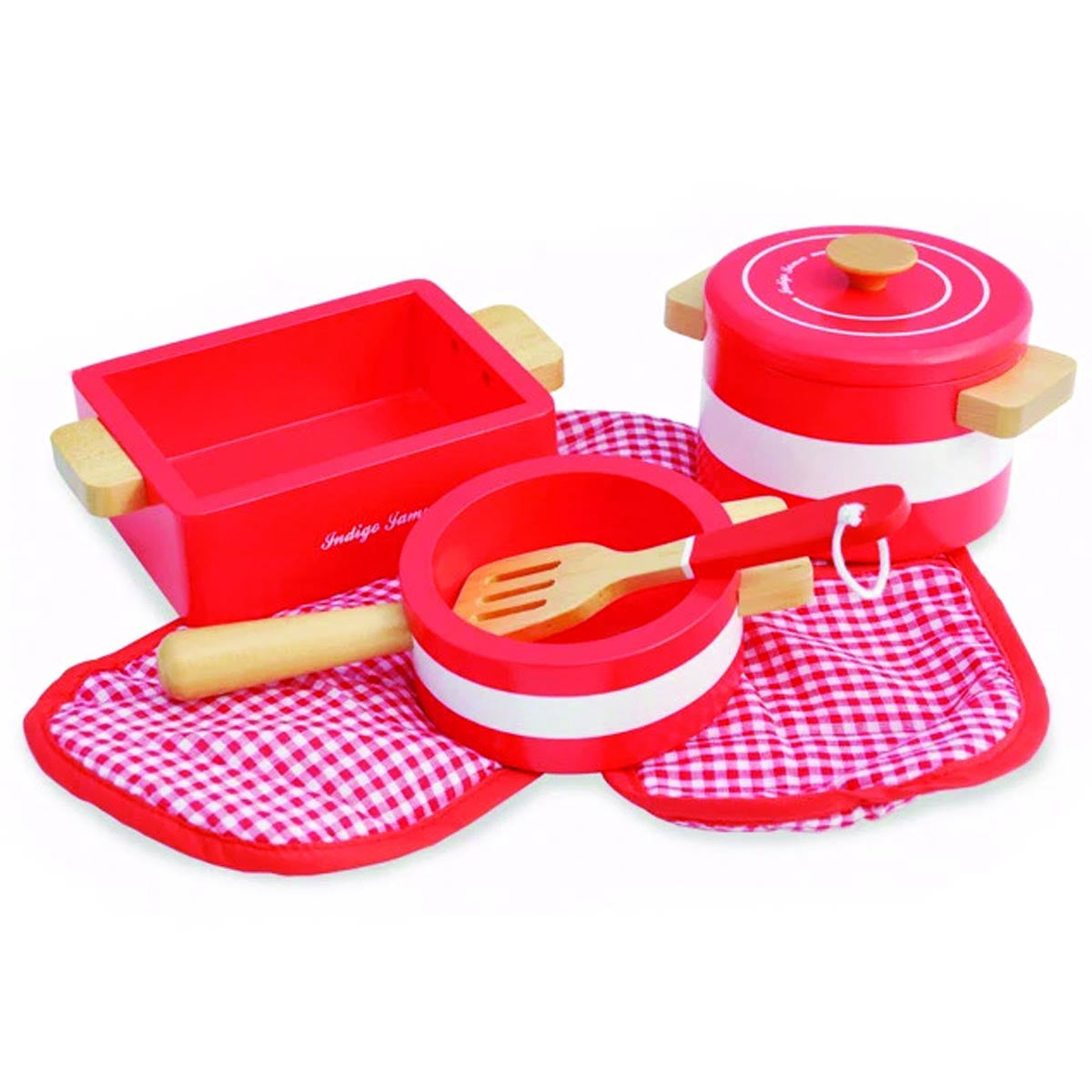 Deer Industries Wooden Toy Kitch Set Red. Pots and pans for kids kitchen. Stimulate imaginary play for toddler boy or girl. 