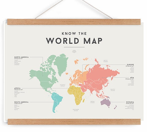 Deer Industries Squared Educational Kids Poster 50x70 cm World map. Gender neutral wall decoration for kids bedroom, playroom or nursery. Educational yet stylish charts posters in soft pastel colours. Made in Australia, kids posters singapore