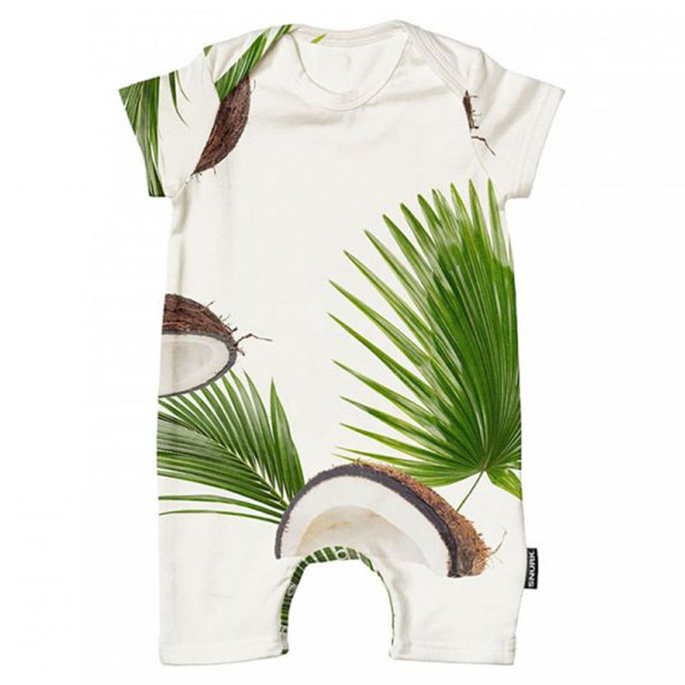 Deer Industries Baby Playsuit, Baby Accessories online Singapore, Coconuts Baby Playsuit, White with Green Leaves baby playsuit, Snurk Amsterdam online singapore
