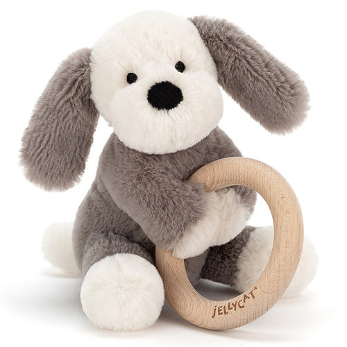 Deer Industries, Jellycat Singapore, Jellycat for babies, Shooshu puppy wooden ring toy, kids store singapore