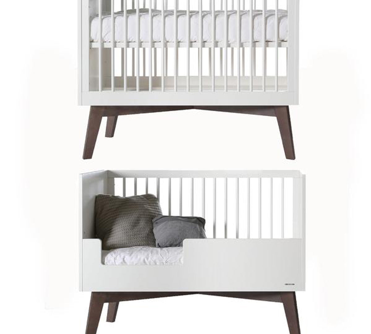 Deer Industries Baby bed Nursery furniture Sixties matte white in combination with a dark wooden base. Cot and cot bed with standard European mattress size 60x120 or 70x140. Made in Europe complies with all European safety regulations. Stylish baby crib contemporary but a bit retro. Gender neutral for baby boy and baby girl and for toddler as the beds are convertible in both sizes.