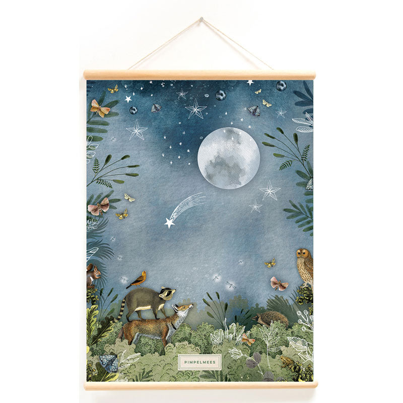 Deer Industries Poster With Hanger In The Moonlight, 50 x 70 Kids Poster, Double-sided Poster, Wall Hanging Poster, Nocturnal Animals Poster, Teenage Room Poster, Kids Room Poster