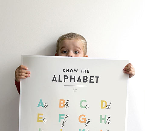 Deer Industries Squared Educational Kids Poster 50x70 cm Alphabet. Gender neutral wall decoration for kids bedroom, playroom or nursery. Educational yet stylish charts posters in soft pastel colours. Made in Australia.