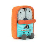 Plush toy with two gray fish inside an orange and blue container labeled 'Sardinas'. Jellycat Stuffed Toy. Available in Singapore
