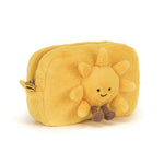 Yellow plush sun-shaped pouch with a smiling sun face, jellycat amuseable sun, jellycat bag