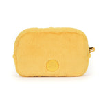 Yellow plush sun-shaped pouch with a smiling sun face, jellycat amuseable sun, jellycat bag