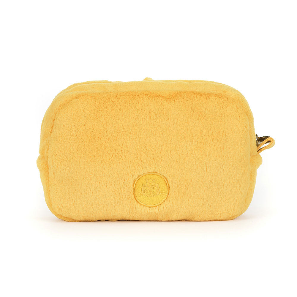 Yellow plush sun-shaped pouch with a smiling sun face, jellycat amuseable sun, jellycat bag
