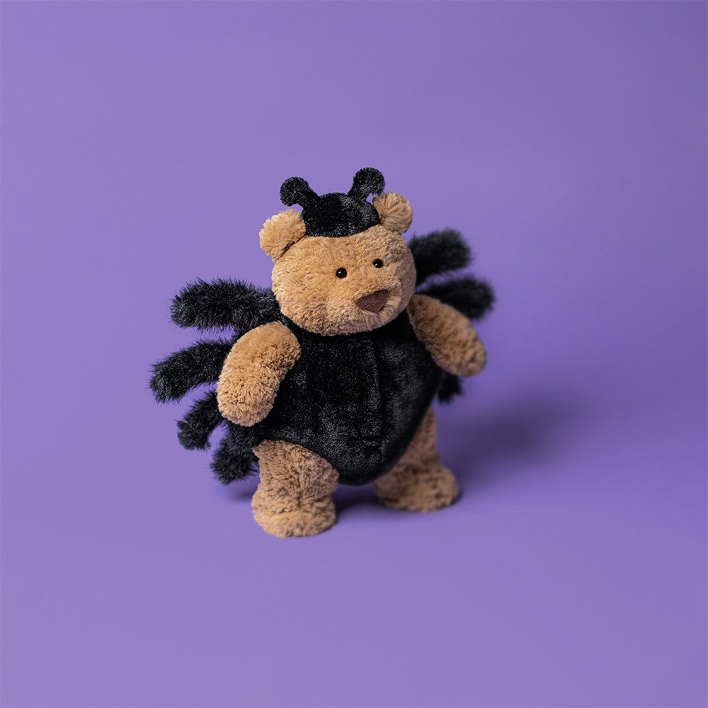 Plush toy bear in a black spider costume, jellycat singapore, jellycat halloween