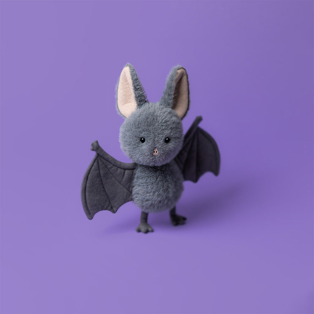 Stuffed bat toy with gray fur and black wings, jellycat halloween, jellycat singapore