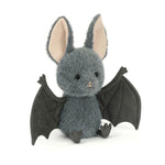 Stuffed bat toy with gray fur and black wings, jellycat halloween, jellycat singapore