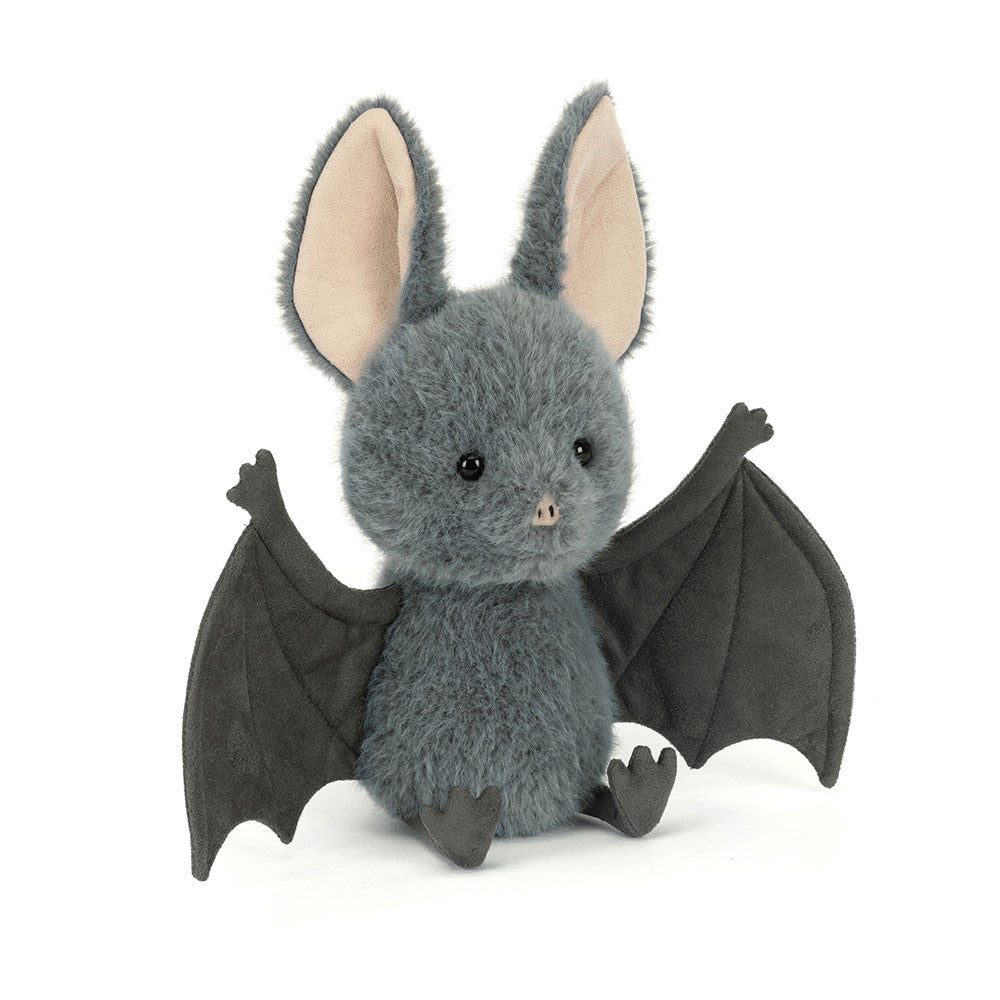 Stuffed bat toy with gray fur and black wings, jellycat halloween, jellycat singapore