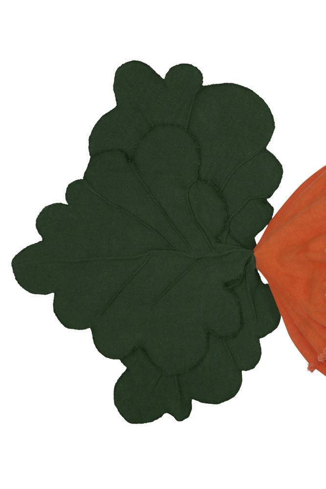 A large, orange, carrot-shaped bean bag with a green leaf on top, made of cotton fabric, kids bean bags and poufs singapore