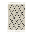 A beige and black geometric patterned washable rug with tassels on the border, kids rugs singapore