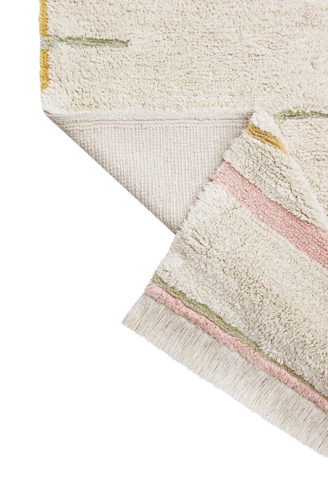 A rectangular, flatweave washable rug in beige, pink, and gray tones with a minimalistic geometric pattern, kids rugs and carpets singapore