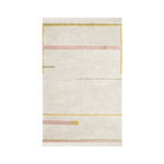 A rectangular, flatweave washable rug in beige, pink, and gray tones with a minimalistic geometric pattern, kids rugs and carpets singapore