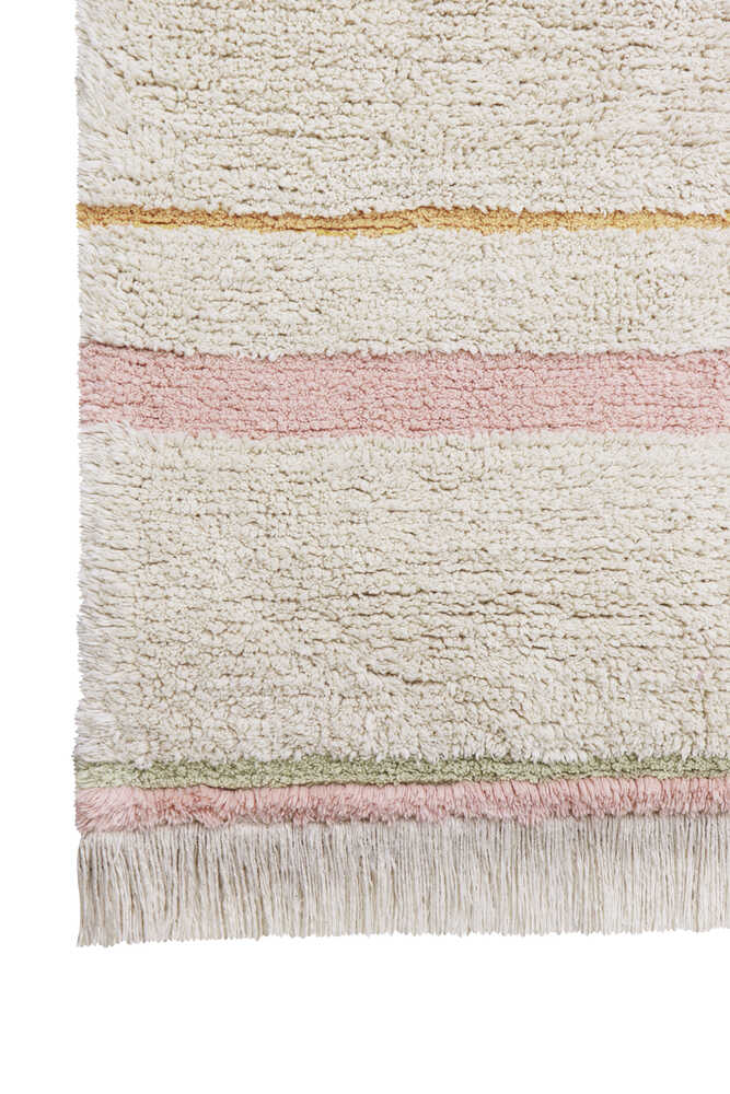 A rectangular, flatweave washable rug in beige, pink, and gray tones with a minimalistic geometric pattern, kids rugs and carpets singapore