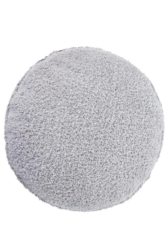 A round pearl grey pouf made of cotton, with a textured surface, kids bean bags and poufs Singapore