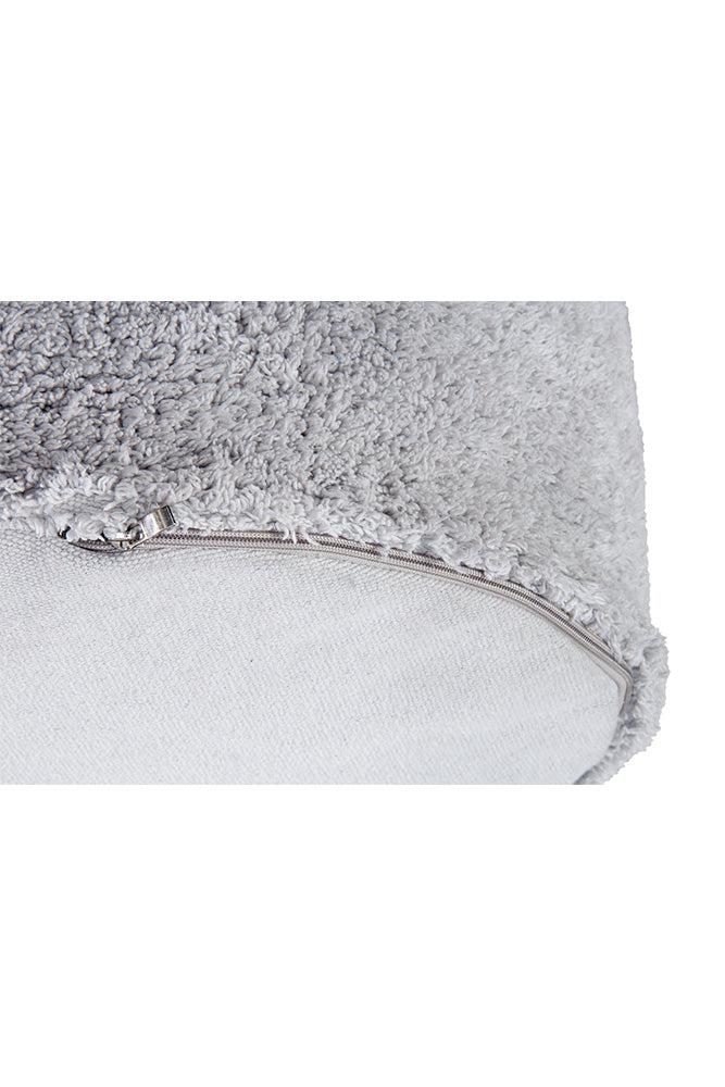 A round pearl grey pouf made of cotton, with a textured surface, kids bean bags and poufs Singapore