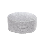A round pearl grey pouf made of cotton, with a textured surface, kids bean bags and poufs Singapore