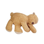 A plush toy resembling a sleepy bear with soft fur in honey-coloured tones, featuring a zipper on its bottom for removing the inner filler, kids bean bags and poufs Singapore, lorena canals singapore