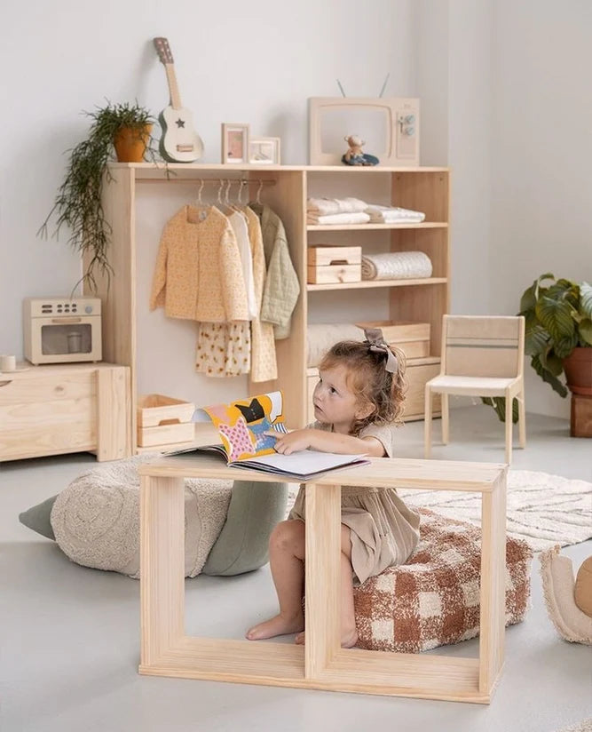 A square-shaped pouf with a brown and white checkered pattern, designed for children's rooms, kids bean bags and poufs Singapore
