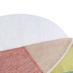 A round wool rug with a colorful pie chart design, featuring shades of green, blue, red, and gray, rainbow rug, kids rugs and carpets Singapore