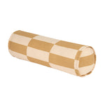 A cylindrical cushion with a geometric pattern in mustard yellow and sand 