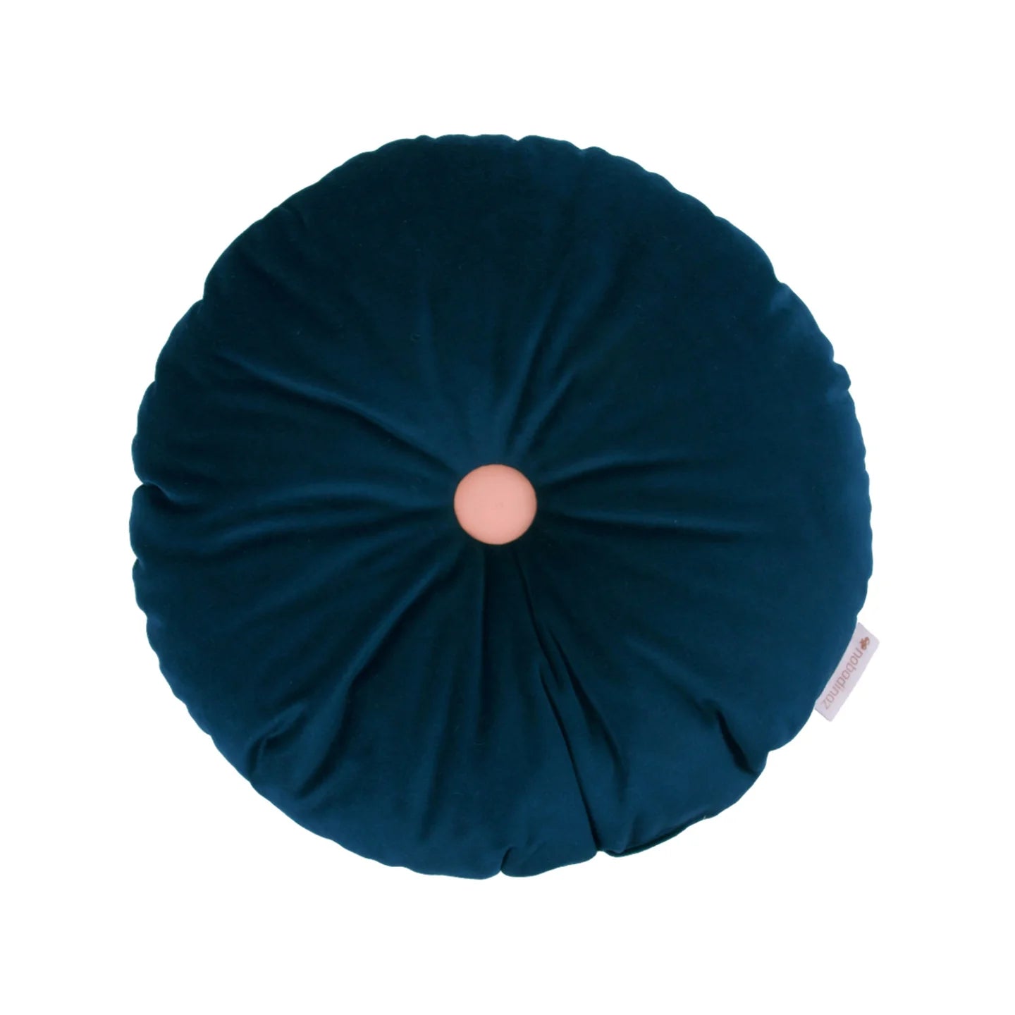 A round, night blue cushion with a contrasting pink button in the center, made from eco-velvet fabric, available in Singapore