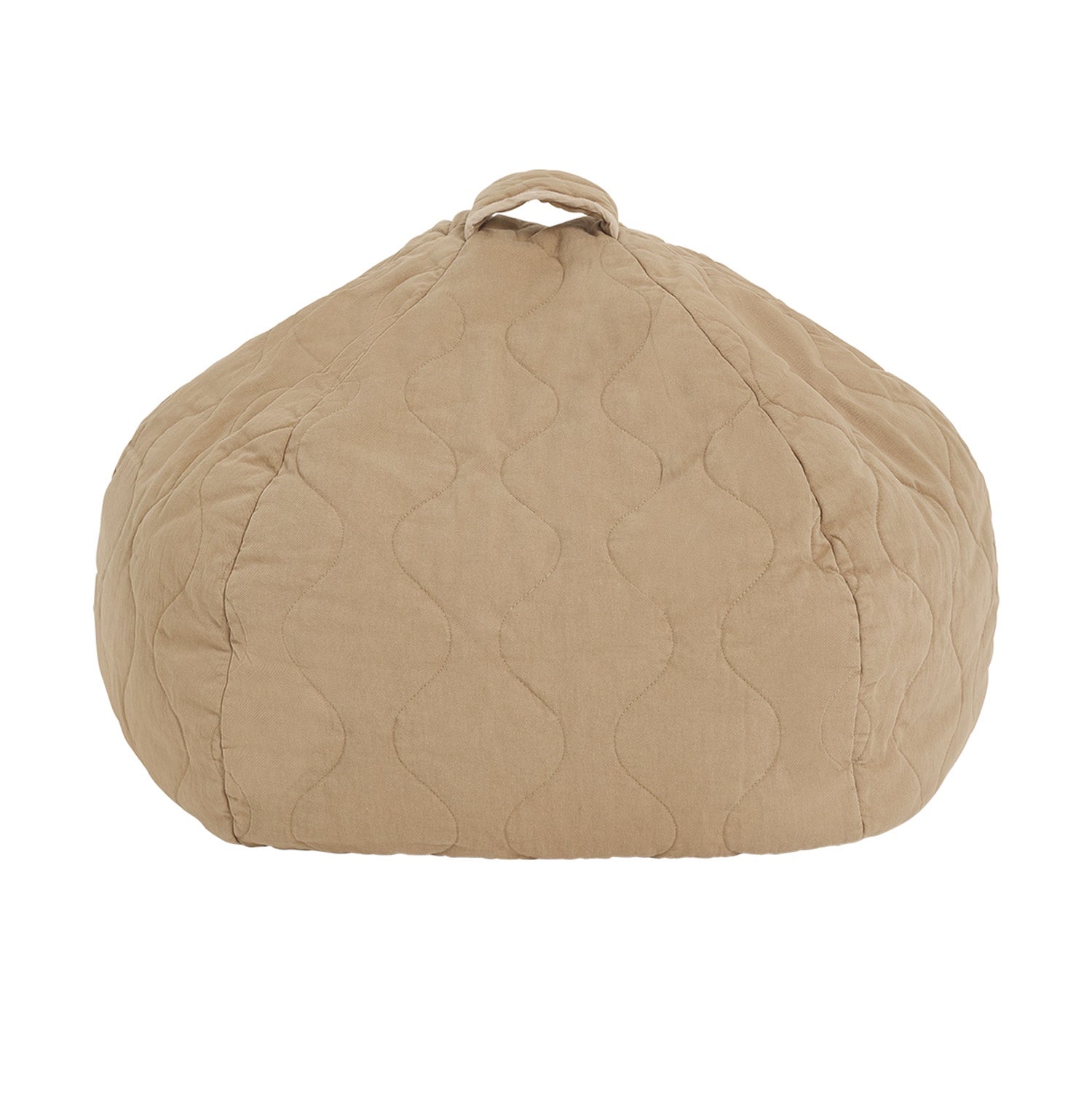 A round quilted beanbag chair in a beige color with a textured pattern, featuring a handle, kids bean bags and poufs Singapore