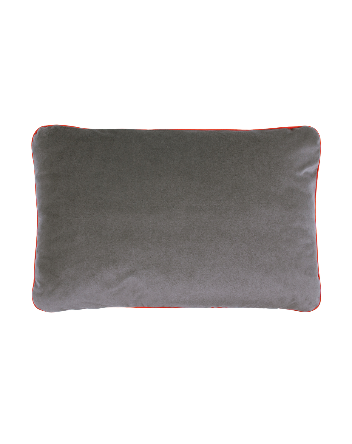 A double-sided rectangular cushion with one side in a solid velvet slate grey color and the other side featuring a red and white grid pattern, both sides appear soft and plush, available in Singapore