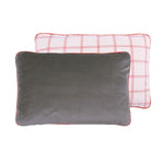 A double-sided rectangular cushion with one side in a solid velvet slate grey color and the other side featuring a red and white grid pattern, both sides appear soft and plush, available in Singapore