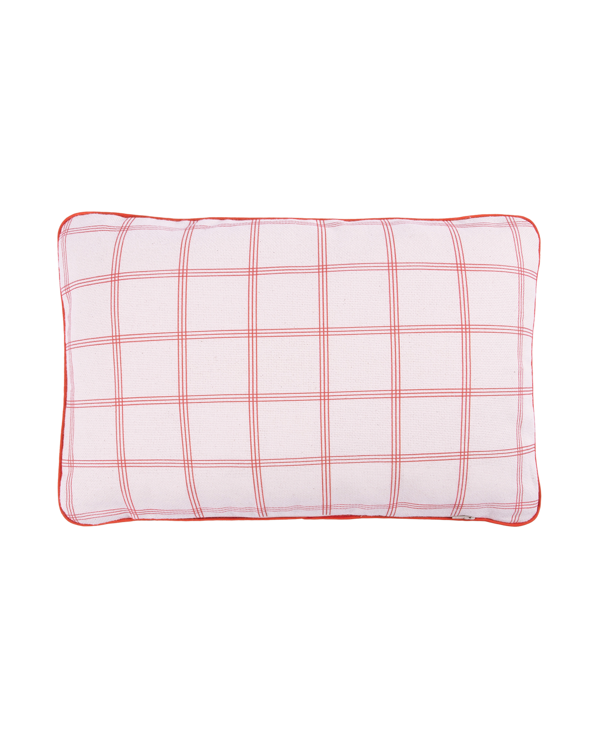 A double-sided rectangular cushion with one side in a solid velvet slate grey color and the other side featuring a red and white grid pattern, both sides appear soft and plush, available in Singapore