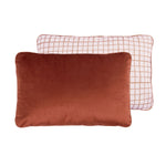 A double-sided rectangular cushion with one side in brown recycled velvet and the other in a brown grid pattern cotton, available in Singapore