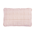 A double-sided rectangular cushion with one side in brown recycled velvet and the other in a brown grid pattern cotton, available in Singapore