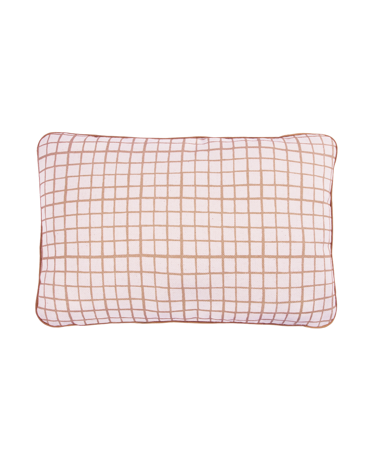A double-sided rectangular cushion with one side in brown recycled velvet and the other in a brown grid pattern cotton, available in Singapore