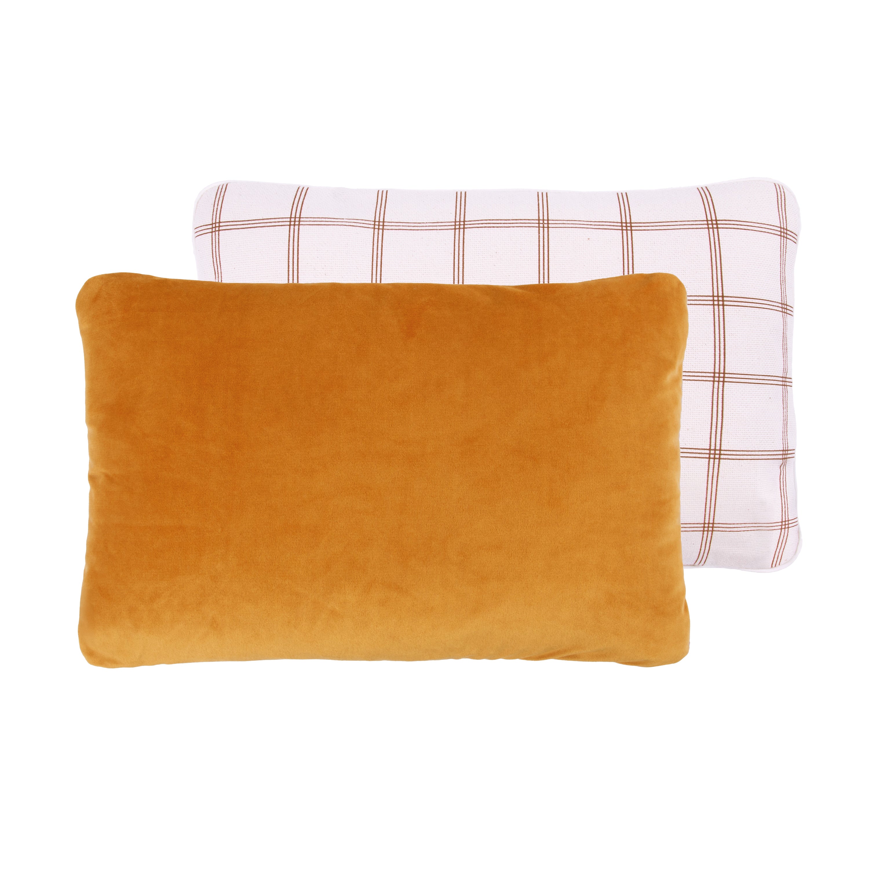 A double-sided rectangular cushion with one side in yellow recycled velvet and red grid print, available in Singapore