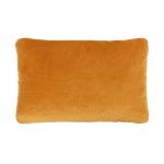 A double-sided rectangular cushion with one side in yellow recycled velvet and red grid print, available in Singapore