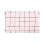 A double-sided rectangular cushion with one side in yellow recycled velvet and red grid print, available in Singapore