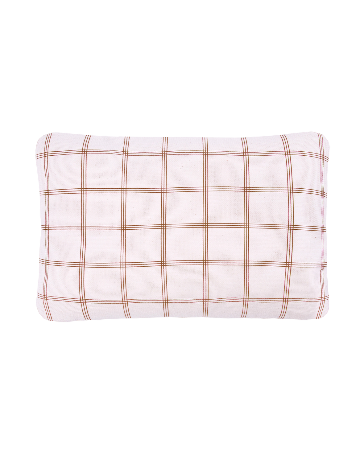 A double-sided rectangular cushion with one side in yellow recycled velvet and red grid print, available in Singapore