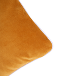 A double-sided rectangular cushion with one side in yellow recycled velvet and red grid print.