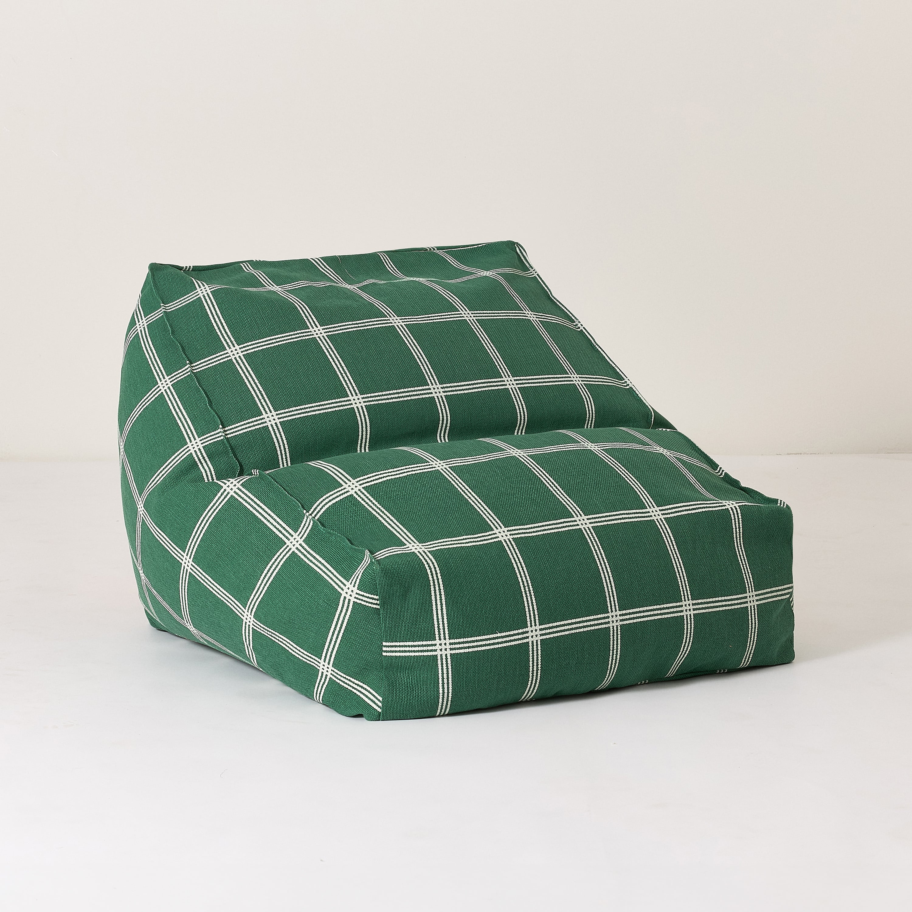 A green white windowpane patterned Nobodinoz Vibes armchair bean bag, kids bean bag and poufs Singapore