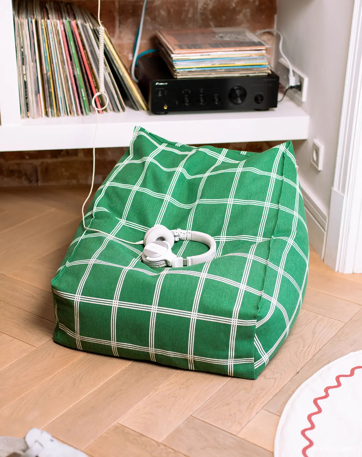 A green white windowpane patterned Nobodinoz Vibes armchair bean bag, kids bean bag and poufs Singapore