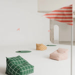 A green white windowpane patterned Nobodinoz Vibes armchair bean bag, kids bean bag and poufs Singapore