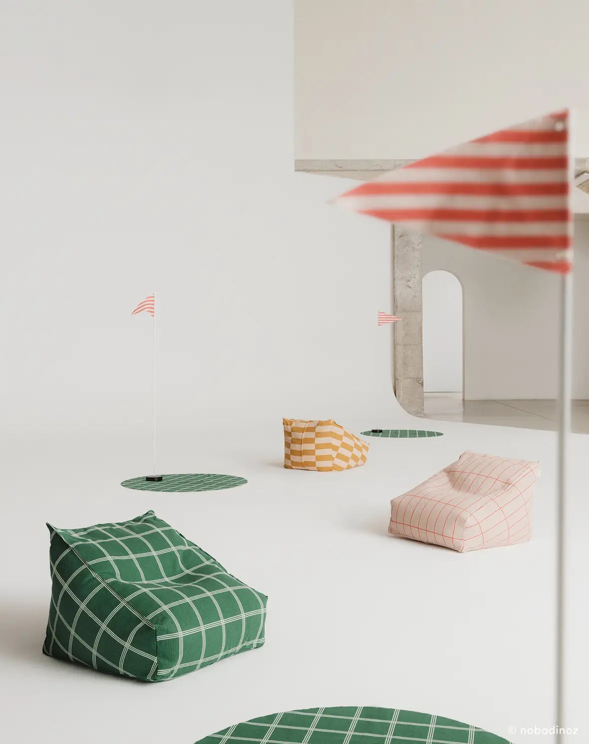 A green white windowpane patterned Nobodinoz Vibes armchair bean bag, kids bean bag and poufs Singapore