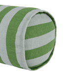 A cylindrical cushion with green and blue stripes, pop decor cushion, bold cushion, eclectic cushions, available in Singapore