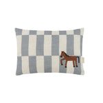 A rectangular linen cushion with a checkered blue and white pattern and a small horse illustration on the lower right side. Kids cushion, available in Singapore