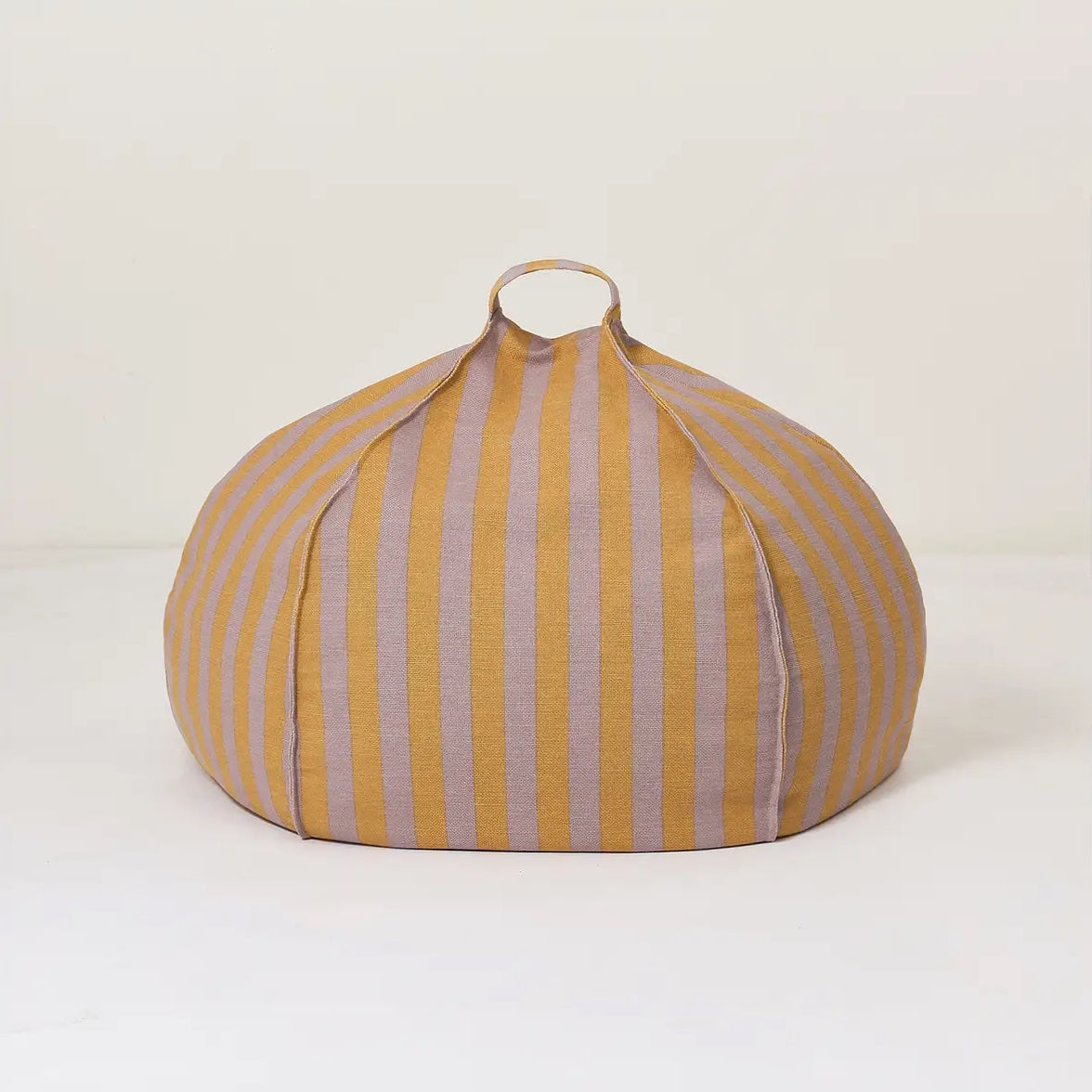 A round bean bag chair with lilac and yellow vertical stripes, featuring a handle for easy movement, bold home decor singapore, colourful home decor, kids bean bags and poufs singapore