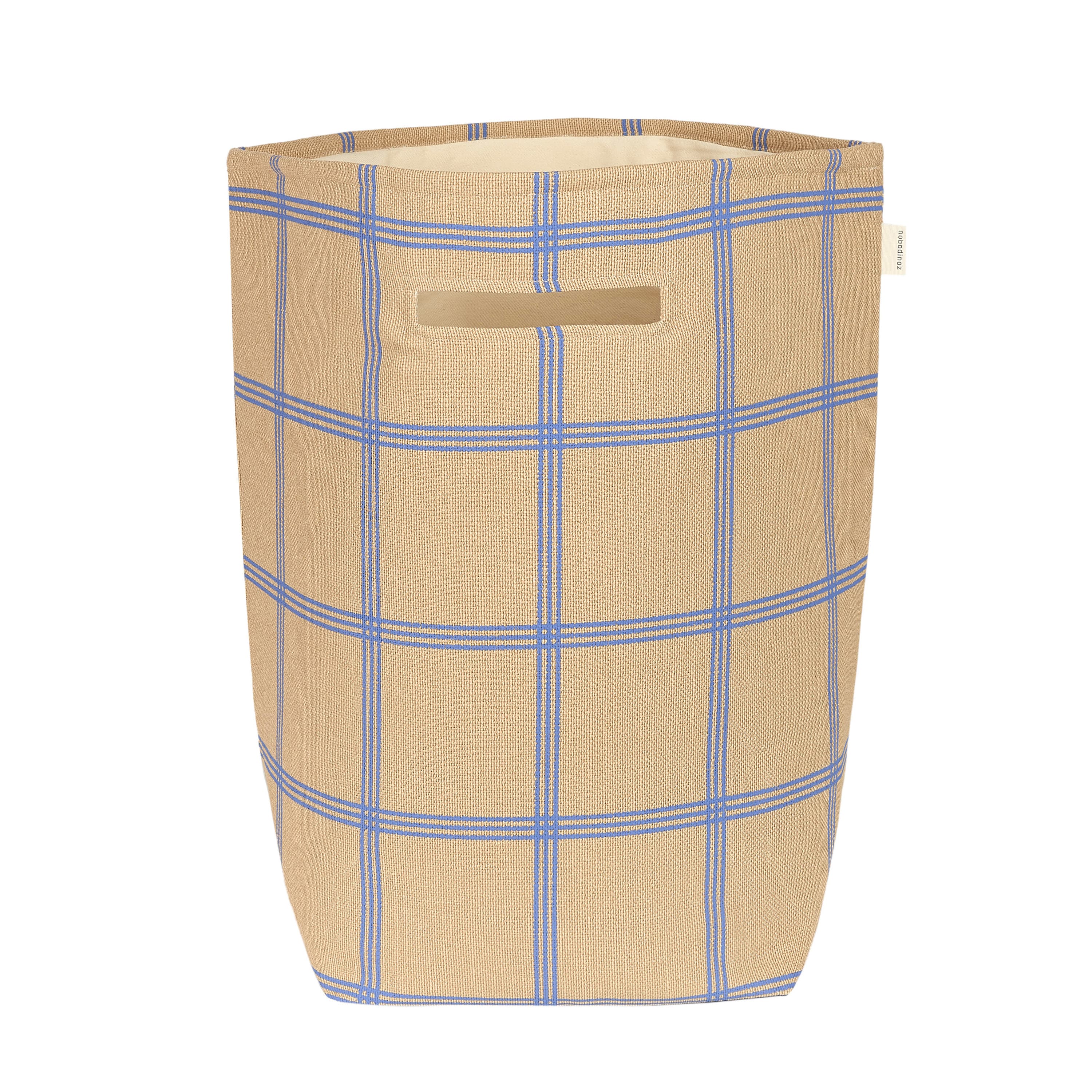 A large storage basket with a brown and blue windowpane pattern, nobodinoz kids storage basket, available in singapore