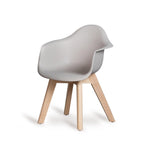 A gray children's play chair with wooden legs designed in a modern style, suitable for toddlers.